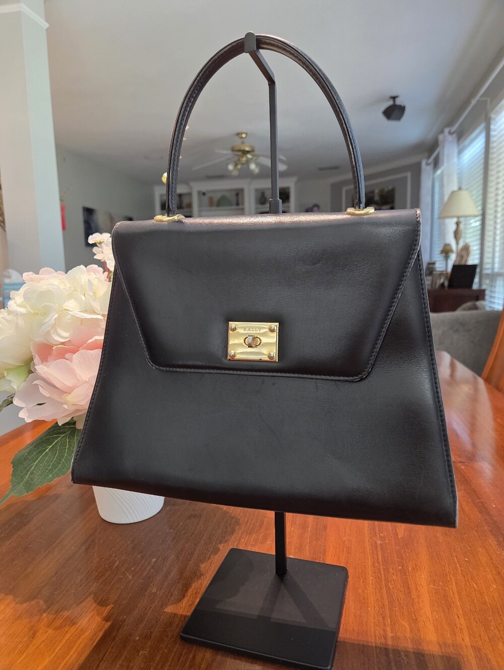 Bally Classic Black Leather Top-Handle Bag with Gold Hardware